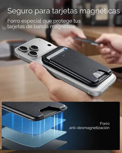Vista 7 de ESR para cartera MagSafe con soporte, bloqueo RFID con anillo MagSafe, tarjetero de 5 tarjetas para estuche de teléfono, cartera magnética de cuero