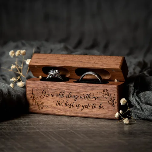 Vista 5 de MUUJEE Caja de doble anillo Caja de madera delgada grabada para boda, ceremonia de compromiso, propuesta de anillo caja para 2 anillos, ideas