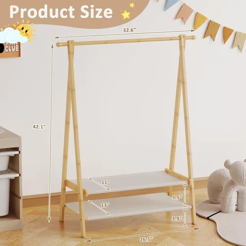 Vista 2 de Perchero de ropa para niños con 2 estantes de tela, soporte plegable para ropa infantil con barra para colgar, organizador de disfraces pequeño