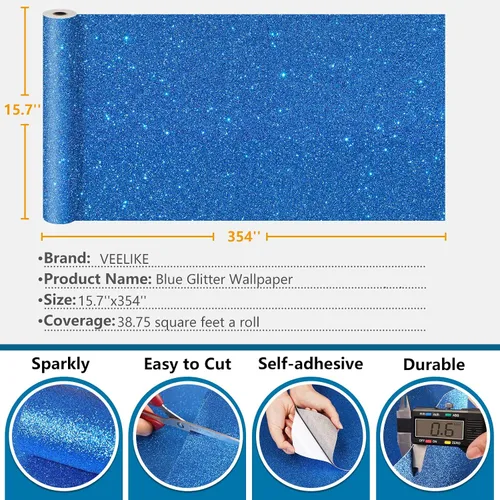 Vista 9 de VEELIKE Papel tapiz con purpurina azul para pegar y despegar, papel de contacto con purpurina para armarios, cajones, decoración de pared, 15.7 x