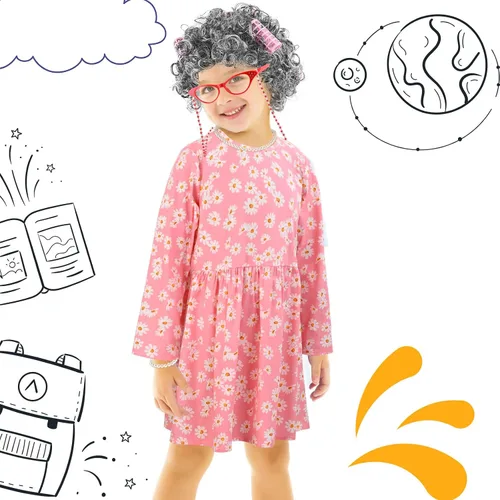 Vista 8 de Matiniy Kit de disfraz de anciana para niñas, peluca, falda floral, bolsa de cubo, gafas y bastón de cadena para 100 días de escuela, abuelita