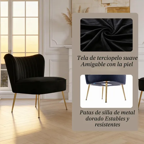 Vista 5 de Juego de 2 sillas decorativas de terciopelo, cómodas sillas de sala de estar, sin brazos, sofá individual lateral de mediados de siglo con patas