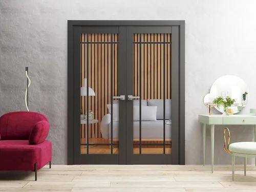 Vista 2 de SARTODOORS Lucia 2266 Puertas francesas interiores de doble oscilación con vidrio transparente, madera maciza, accesorios incluidos, 36x80, negro