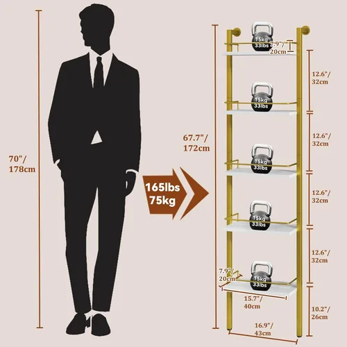 Vista 3 de YMYNY 5-Tier Wall Mounted Wine Racks 16.93x7.87x69.68"White & Gold White With Gold