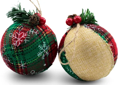 Vista 5 de 12 adornos rústicos para árbol de Navidad, decoración navideña estilo granja, bola navideña de arpillera de yute natural