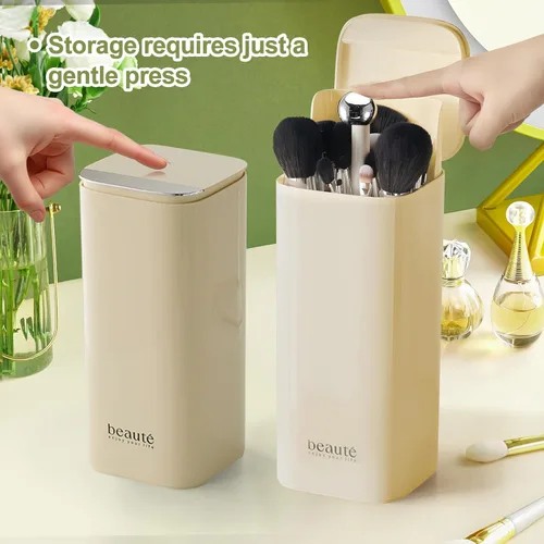 Vista 2 de DASITON Soporte para brochas de maquillaje con tapa, organizador de brochas de maquillaje de 4 ranuras, organizador de cosméticos de maquillaje