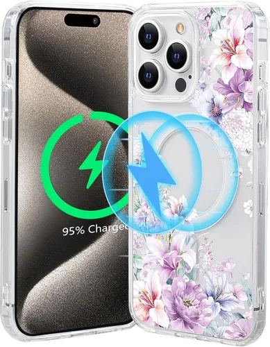 Vista 58 de Funda magnética de flores para iPhone 15 [compatible con MagSafe] Bonito patrón floral transparente a prueba de golpes