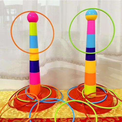 Vista 7 de Colorido juego de lanzamiento de anillos deportivos de plástico para niños, 2 columnas coloridas+48 anillos+12 bolsas de frijoles, juguetes