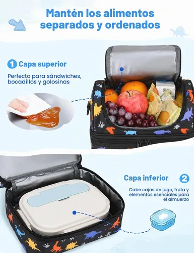 Vista 3 de VASCHY - Lonchera para niños, bolsas de almuerzo aisladas de dos compartimentos para niños y niñas con correa para el hombro para la escuela Dinos