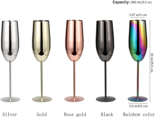 Vista 3 de Copas de champán de acero inoxidable, juego de 4 copas de vino irrompibles de 9.5 onzas, copas elegantes de tallo para tostadas a mano, para bodas