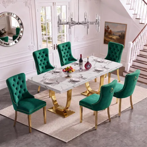 Vista 16 de Henf Mesa de comedor rectangular de mármol sintético blanco de 70 pulgadas Blanco & Oro