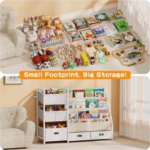 Vista 7 de HAVLOTII Estantería para niños y almacenamiento de juguetes, estante para libros para habitaciones de niños, estantería para bebés para guardería