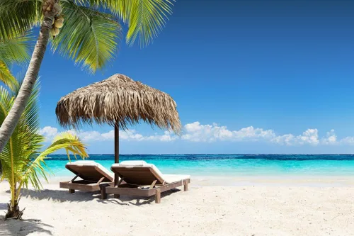 Vista 2 de Arte de playa laminado para decoración de pared, playa de coral, arena, mar, palapa, palmera tropical, foto, puesta de sol, paisaje, paisaje