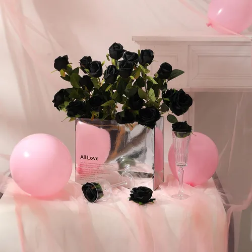 Vista 7 de Hawesome - Ramo de 12 rosas artificiales de seda con tallo largo para decoración del hogar, boda, fiesta (Negro-1)
