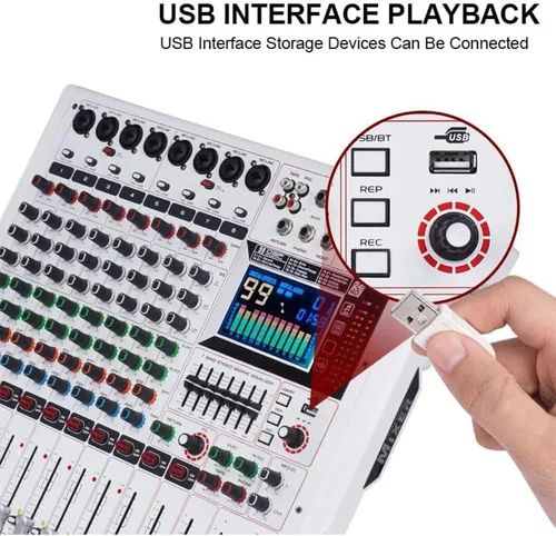 Vista 5 de GF8PRO - Consola de DJ profesional de 8 canales, con ecualizador de 7 etapas, 99 efectos de reverberación, pantalla LCD a color, función de silencio