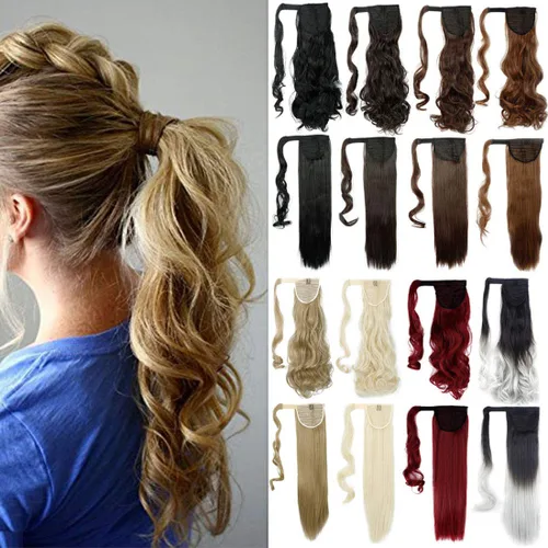 Vista 10 de Lelinta Extensión de cola de caballo rizada ondulada de 18 pulgadas para mujer, extensión de pelo sintético rubio ceniza mezcla Giner