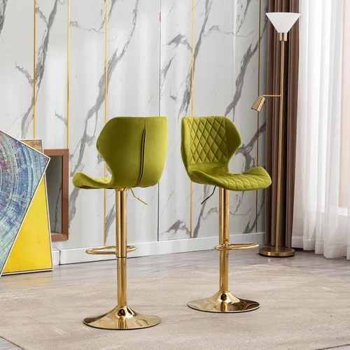 Vista 8 de Juego de 2 taburetes de bar de terciopelo ajustables verdes con patas doradas, modernas sillas de bar giratorias para isla de cocina, comedor, bar