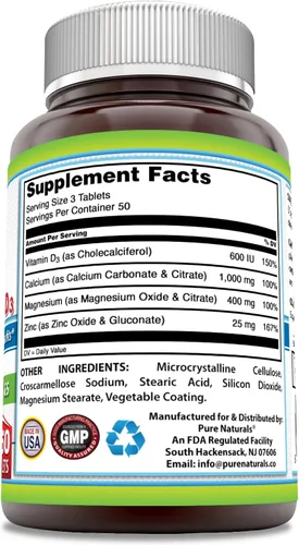 Vista 2 de Pure Naturals Suplemento de calcio y magnesio y zinc con vitamina D3 Calcio 1000 mg, magnesio 400 mg, zinc 25 mg, vitamina D3 600 UI Sin OMG