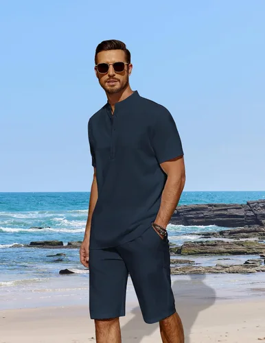 Vista 2 de COOFANDY Conjunto de 2 piezas de lino para hombre, camisas Henley casuales de manga corta, pantalones cortos de yoga para la playa, pantalones