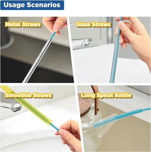 Vista 6 de YOTIME Cepillo Limpiador de Pajitas de Silicona, 2 Piezas Cepillo Reutilizable para Pajitas Extra Largo para Limpiar Vaso con Mango y Pajitas