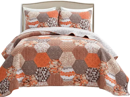 Vista 7 de Lush Decor Briley - Juego de edredón reversible de algodón de 3 piezas, color mandarina, juego de ropa de cama acolchado, colcha de retazos