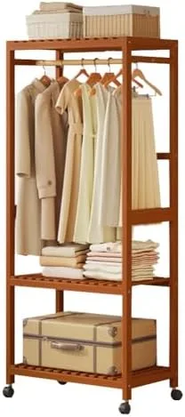 Vista 9 de Portable Bamboo Clothes Rack with Shelves - Free Standing Wooden Wardrobe, Rolling Garment Rack for Bedroom, Adjustable Multi-Storage Organizer with