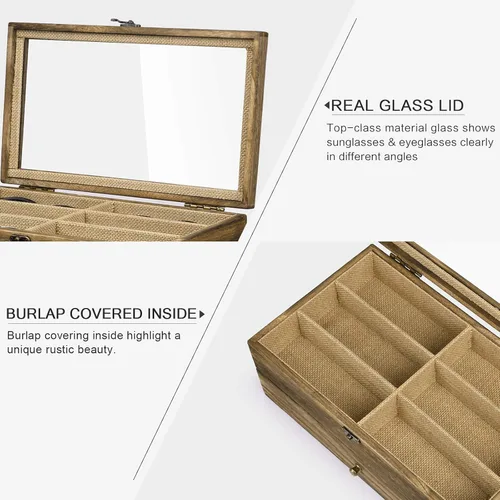 Vista 2 de SRIWATANA Estuche organizador de lentes de sol para mujeres y hombres, caja de exhibición de anteojos de madera con 12 ranuras con parte superior