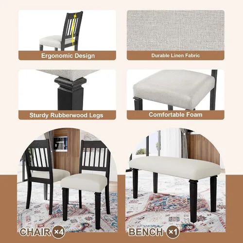 Vista 5 de Juego de comedor retro de 6 piezas, mesa rectangular de madera y 4 sillas con banco para cocina y comedor, color gris cola de milano Cola de milano
