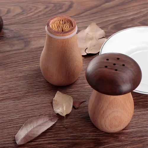 Vista 5 de TOPINCN Soporte para palillos de dientes, lindo recipiente de madera con forma de hongo para palillos de dientes, contenedor portátil