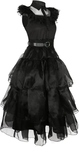 Vista 2 de Wednesday Addams - Vestido de disfraz para fiesta de cosplay, en capas, largo negro
