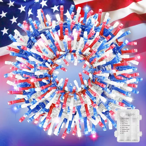 Vista 25 de LAMPHOME Luces de Navidad multicolor que funcionan con pilas, 34.1 pies, 100 luces LED impermeables de cadena para árbol de Navidad con 8 modos