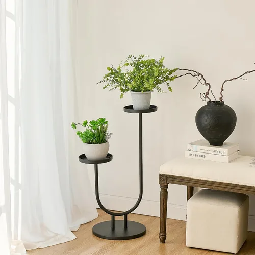 Vista 9 de Soporte para plantas para interiores, soporte de esquina de metal de 2 niveles de alto, estante de exhibición de flores al aire libre para ventana