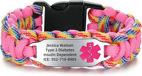 Vista 59 de Pulsera de alerta médica Paracord para hombres y mujeres Pulsera de identificación médica de acero inoxidable con hebillas de liberación lateral