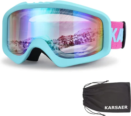 Vista 13 de Karsaer - Gafas de esquí antivaho, gafas de nieve OTG, 100% protección UV, gafas de snowboard con lentes dobles flexibles para hombres, mujeres