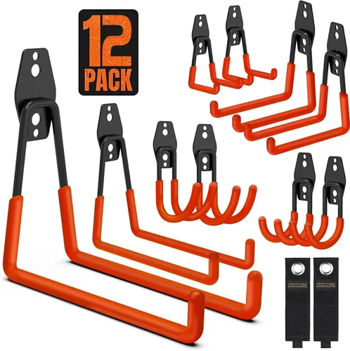 Vista 8 de SMARTOLOGY Ganchos de garaje, paquete de 12 ganchos de almacenamiento de pared, incluye 2 soportes para cables de extensión, organización