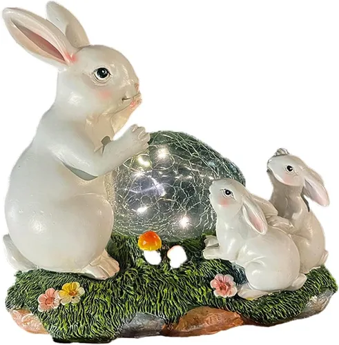 Vista 3 de Familia de conejitos con energía solar para exteriores, decoración de luz LED para jardín, adorno de jardín (familia de conejitos en un césped)