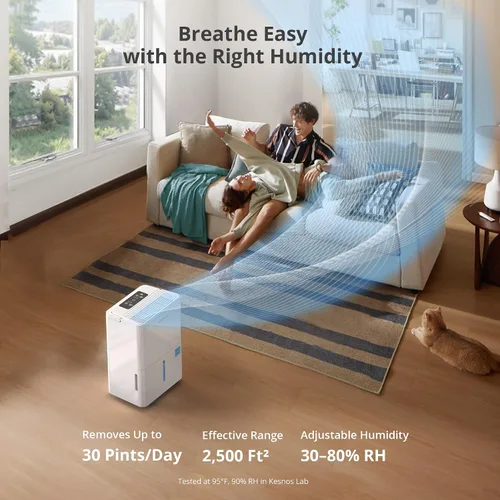 Vista 2 de Kesnos Deshumidificador Energy Star 2025 de 30 pintas para espacios de hasta 2500 pies cuadrados, deshumidificador silencioso para el hogar