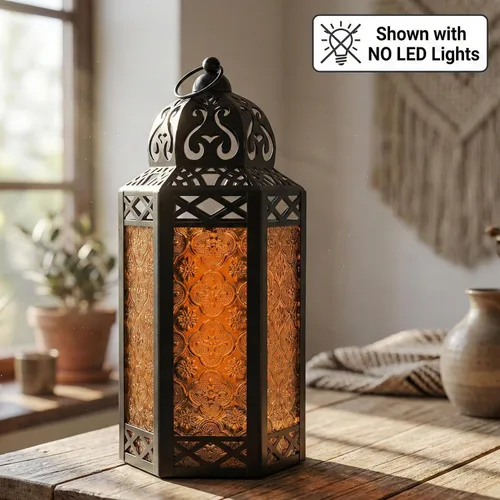 Vista 12 de VELA LANTERNS Juego de 2 portavelas decorativos de LED con luces de hadas de 12" de metal marroquí para colgar o mesa, decoración del hogar