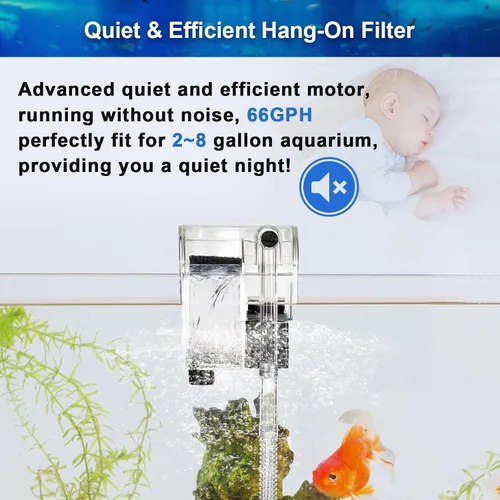 Vista 4 de DaToo Filtro de acuario para colgar en cascada, filtro de pecera, silencioso, 66 GPH 3 W, filtros ajustables para pecera con espuma biológica