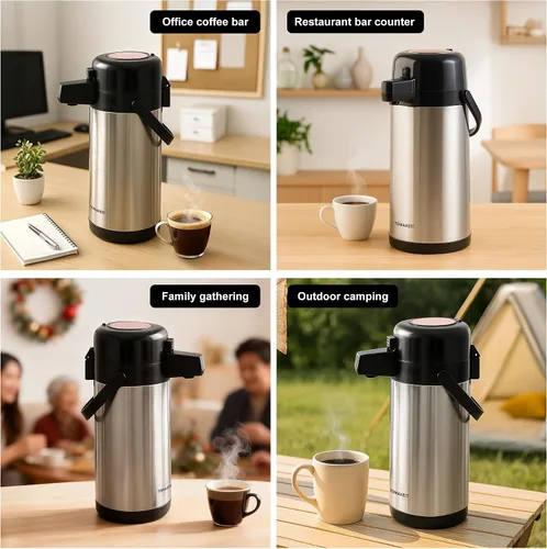 Vista 8 de Airpot - Jarra de café para mantener el calor, dispensador de café térmico de 102 oz/3 litros con bomba, dispensador de bebidas calientes de acero