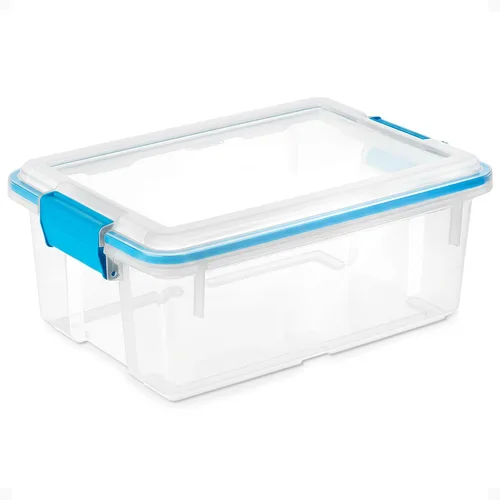Vista 28 de Sterilite 19414306 - Caja de almacenamiento de plástico transparente de 7.5 cuartos y tapa con pestillos azules