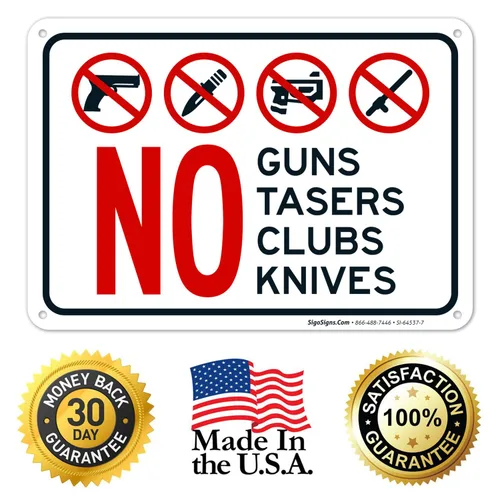 Vista 8 de Letrero de No Guns No Tasers No Clubs No Knives de 10 x 7 pulgadas, libre de óxido, aluminio 040, resistente a la decoloración, fabricado en Estados