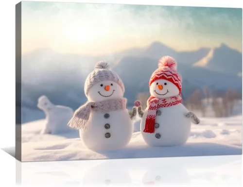 Vista 6 de gaosoul Lienzo de muñeco de nieve navideño para pared, lindo muñeco de nieve en pintura de paisaje nevado, póster navideño para sala de estar