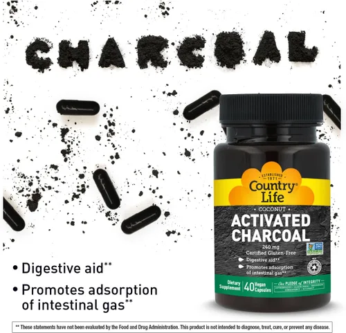 Vista 10 de Country Life Cápsulas de carbón activado de coco, 260 mg – Suplemento de carbón natural para aliviar los gases y la hinchazón – Sin gluten, 40