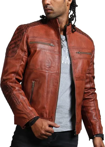 Vista 2 de Chamarras de cuero marrón para hombre - Cafe Racer Slim Fit cuero Biker Jacket Hombre