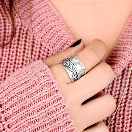 Vista 2 de Boho-Magic Anillo giratorio de plata de ley 925 para mujer, diseño de flor rosa, alivio de la ansiedad, banda ancha