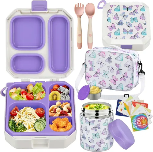 Vista 19 de wiwens - Lonchera Bento para niños con termo de sopa de 12 onzas, contenedor de comida para almuerzo a prueba de fugas con 5 compartimentos, termo