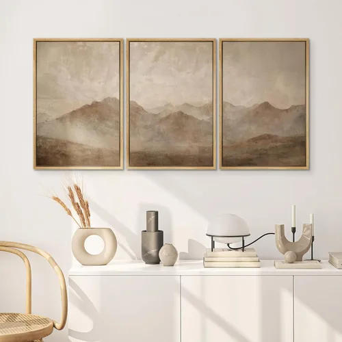 Vista 551 de SIGNWIN Lienzo enmarcado para pared, juego de arte neutro de bosque brumoso, ilustraciones en tono tierra, arte moderno, decorativo, bohemio