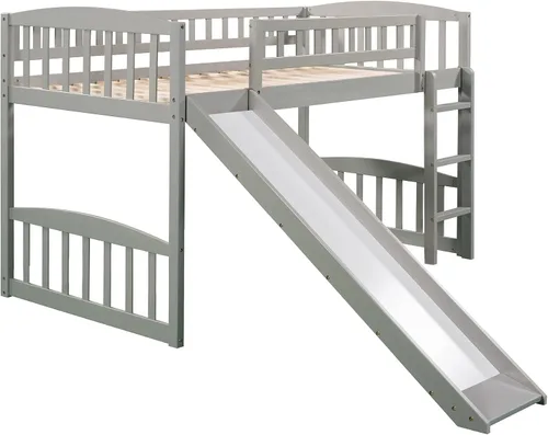 Vista 4 de Merax Cama tipo loft de tamaño individual con tobogán y escalera, marco de madera de pino macizo, gris