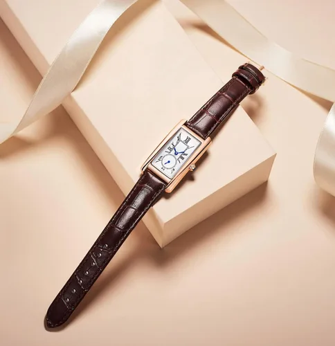 Vista 5 de carlien Reloj de cuarzo para mujer, elegante, rectángulo, vestido con correa de cuero y corona de cristal azul